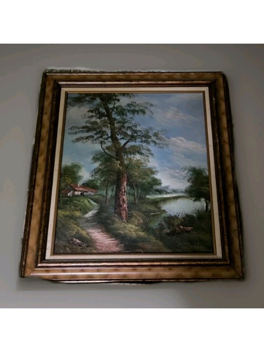 T. Williams Oil Painting ,  Cottage Landscape By  Waterside. Art 24x20"Frame 4"